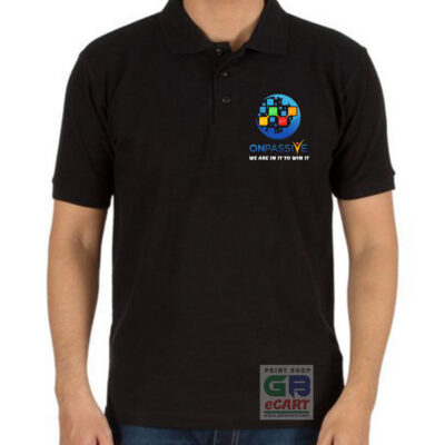 100% Cotton Single Side Printed Onpassive Logo Printed Black Color Polo T-shirt