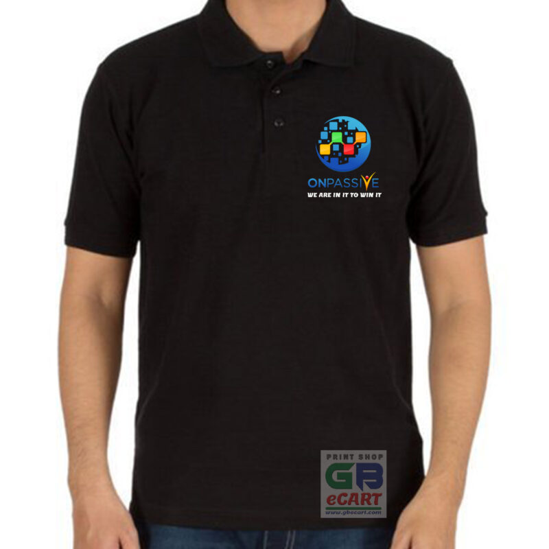 100% Cotton Single Side Printed Onpassive Logo Printed Black Color Polo T-shirt